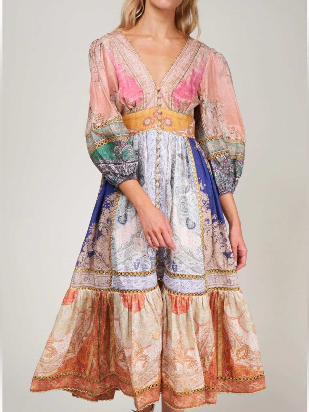 Zimmermann Pink and Gold Multi-Print V-Neck Dress